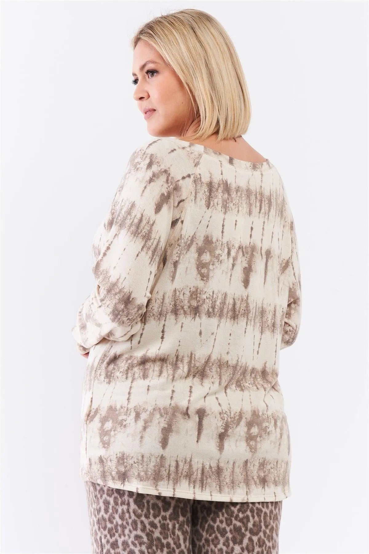 Junior Plus Ivory Acid Wash Print Bateau Neck Relaxed Fit Long Sleeve Top /2-2-1 - Tasha Apparel Wholesale