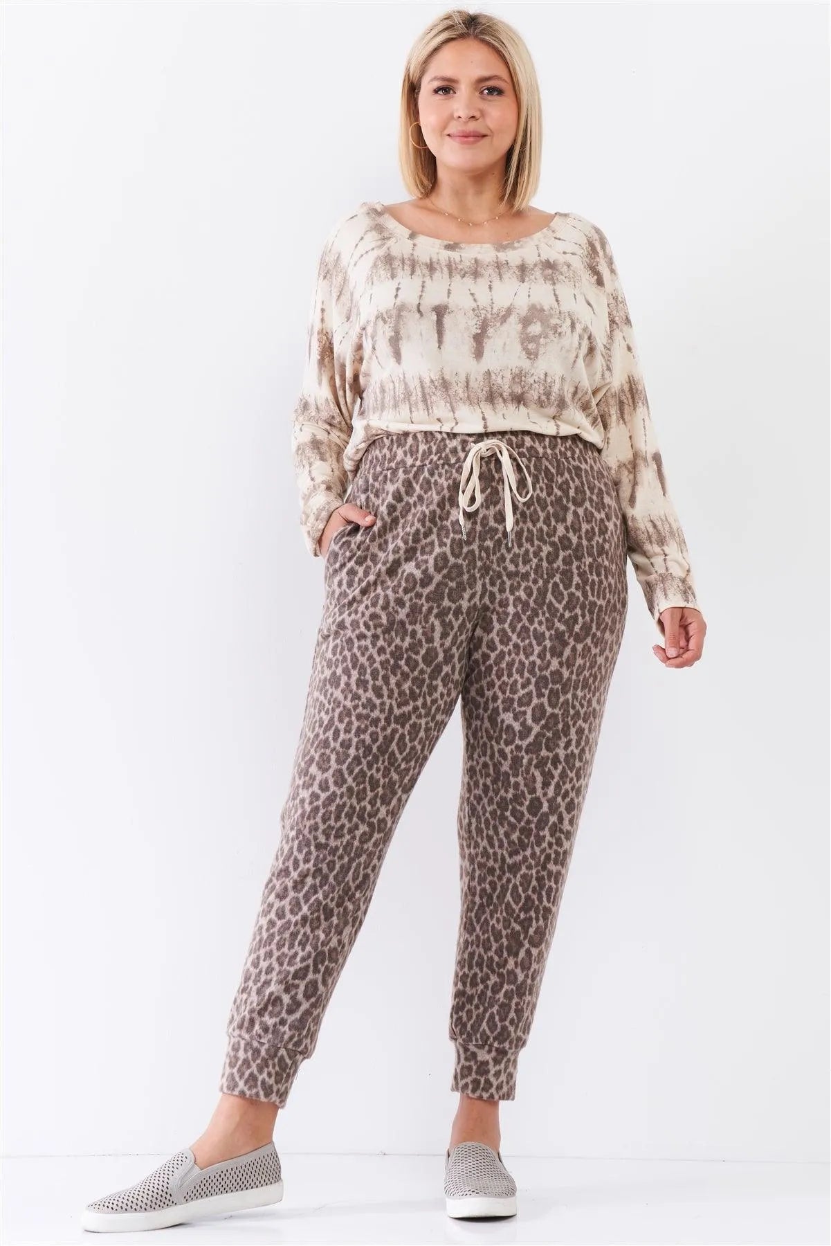 Junior Plus Ivory Acid Wash Print Bateau Neck Relaxed Fit Long Sleeve Top /2-2-1 - Tasha Apparel Wholesale