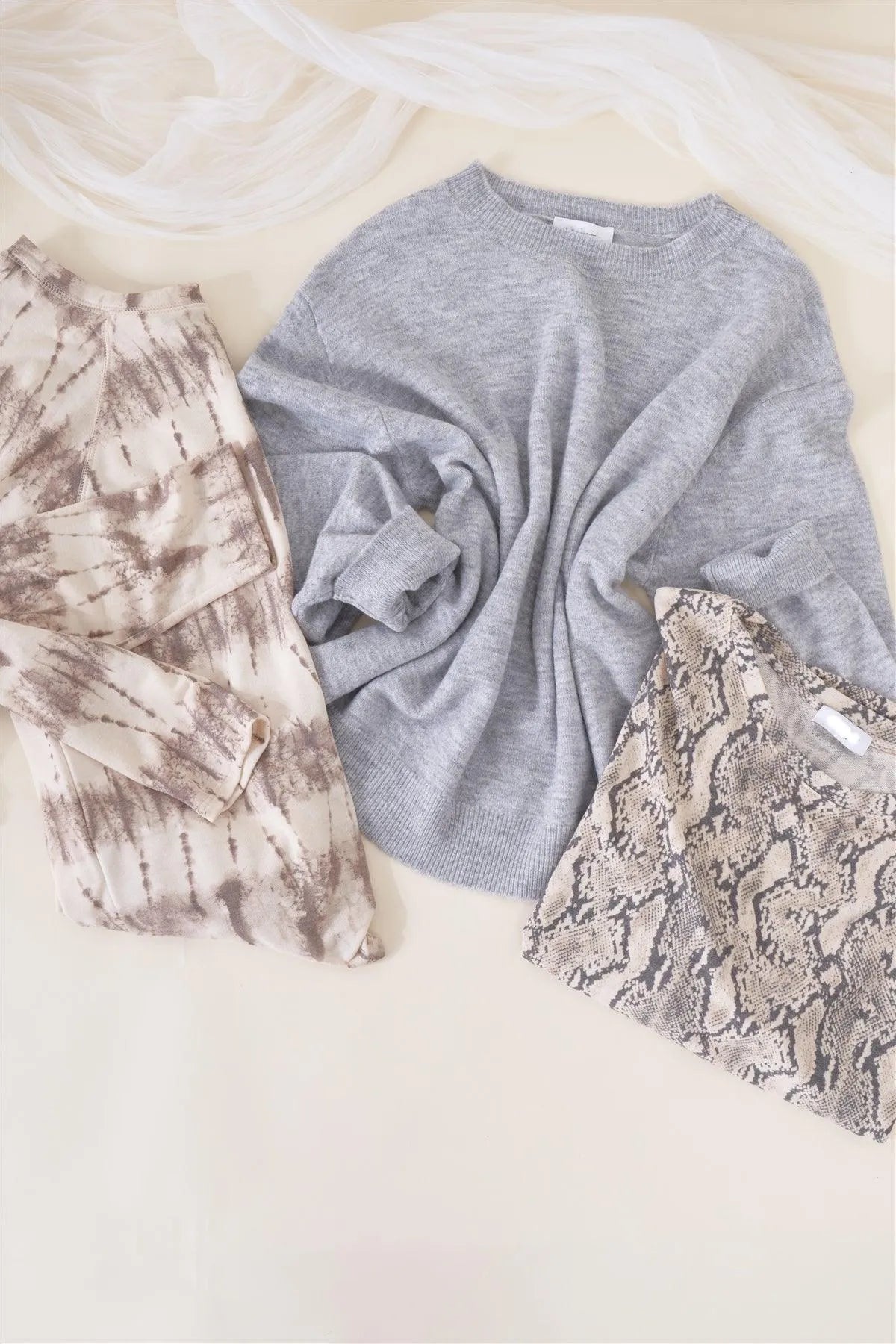 Junior Plus Ivory Acid Wash Print Bateau Neck Relaxed Fit Long Sleeve Top /3-2-1 - Tasha Apparel Wholesale
