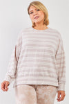 Junior Plus Taupe & Ivory Striped Polyester Fleece Round Neck Dropped Shoulder Long Sleeves Uneven Relaxed Top /3-2-1