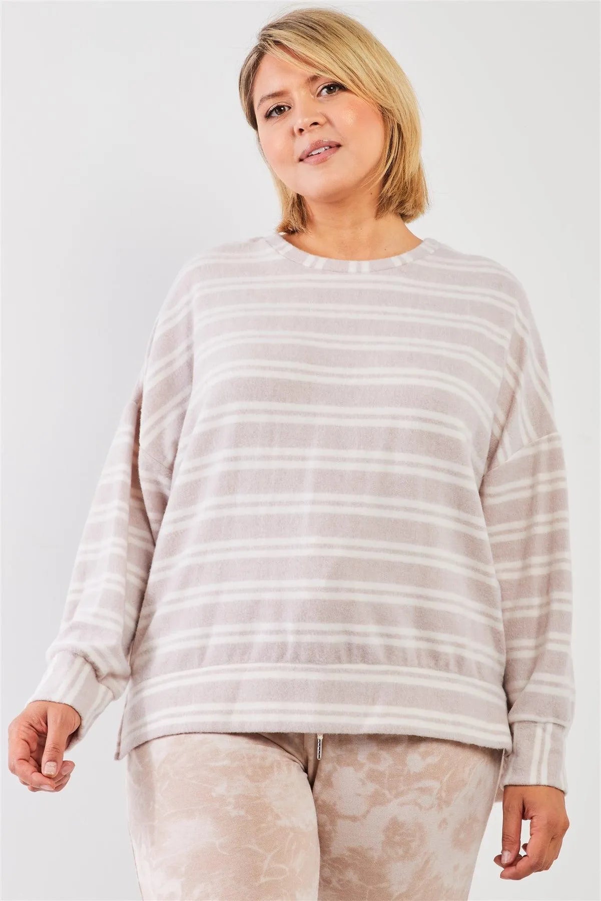 Junior Plus Taupe & Ivory Striped Polyester Fleece Round Neck Dropped Shoulder Long Sleeves Uneven Relaxed Top /3-2-1 - Tasha Apparel Wholesale