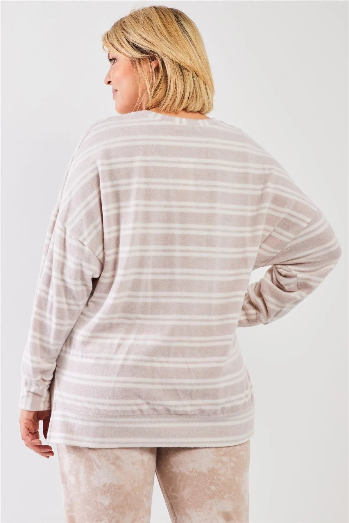 Junior Plus Taupe & Ivory Striped Polyester Fleece Round Neck Dropped Shoulder Long Sleeves Uneven Relaxed Top /3-2-1 - Tasha Apparel Wholesale