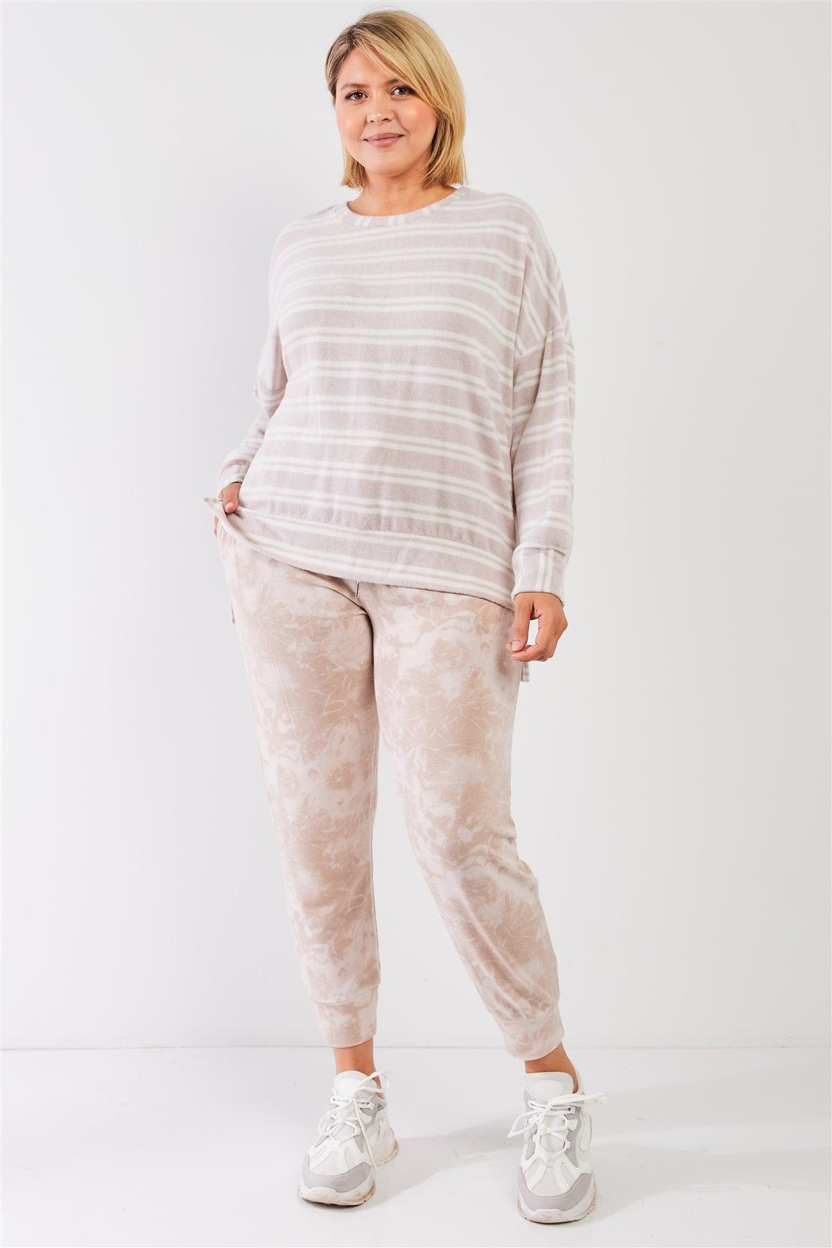 Junior Plus Taupe & Ivory Striped Polyester Fleece Round Neck Dropped Shoulder Long Sleeves Uneven Relaxed Top /3-2-1