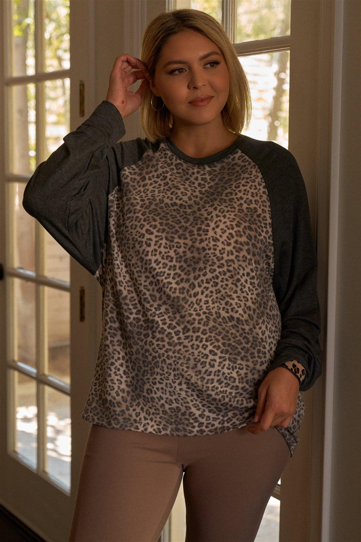 Junior Plus Size Khaki & Charcoal Leopard Print Long Sleeve Relaxed Top /3-2-1