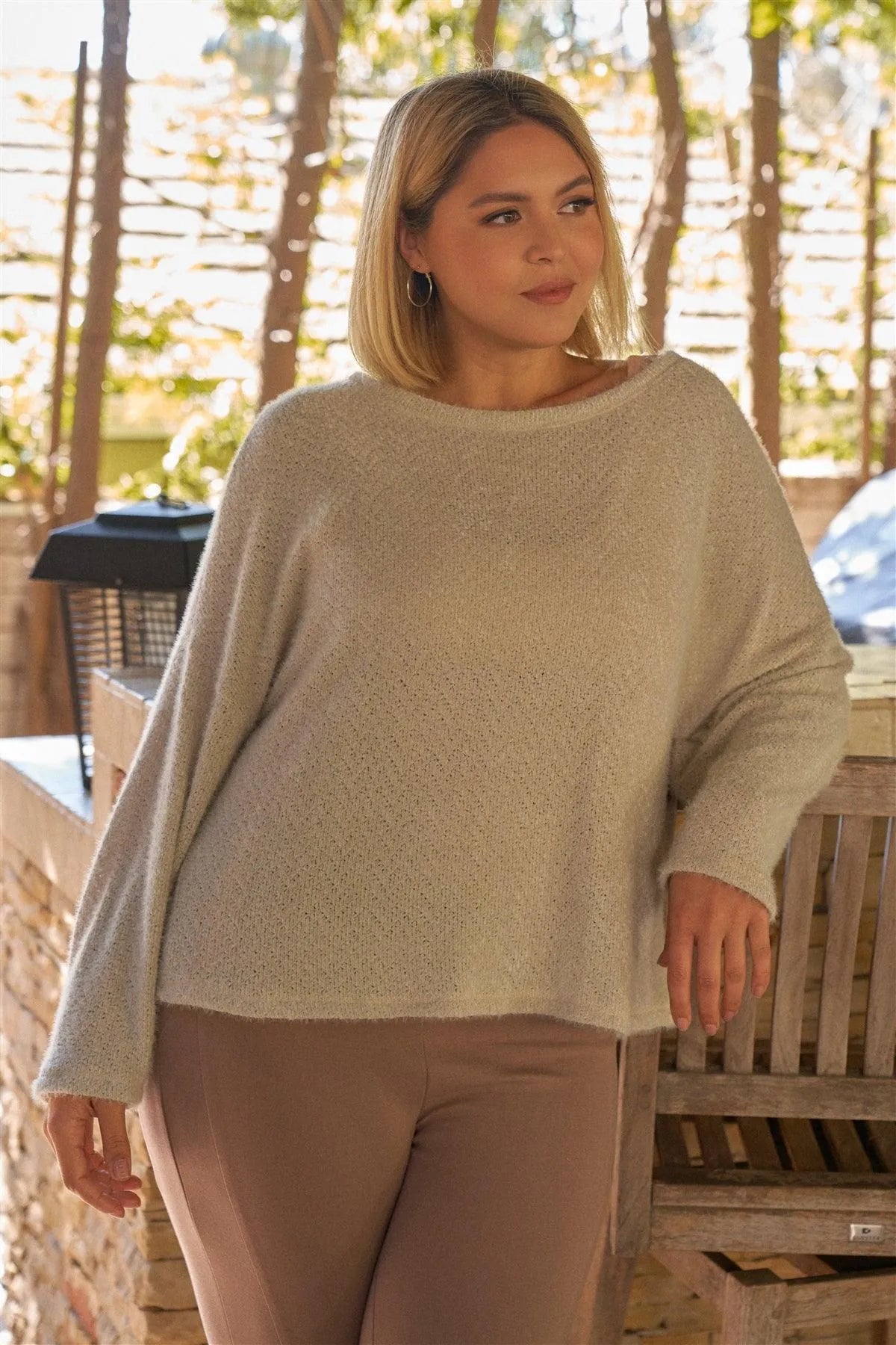 Junior Plus Light-Grey Fuzzy Round Neck Long Sleeve Relaxed Fit Cozy Sweatshirt /2-2-1 - Tasha Apparel Wholesale