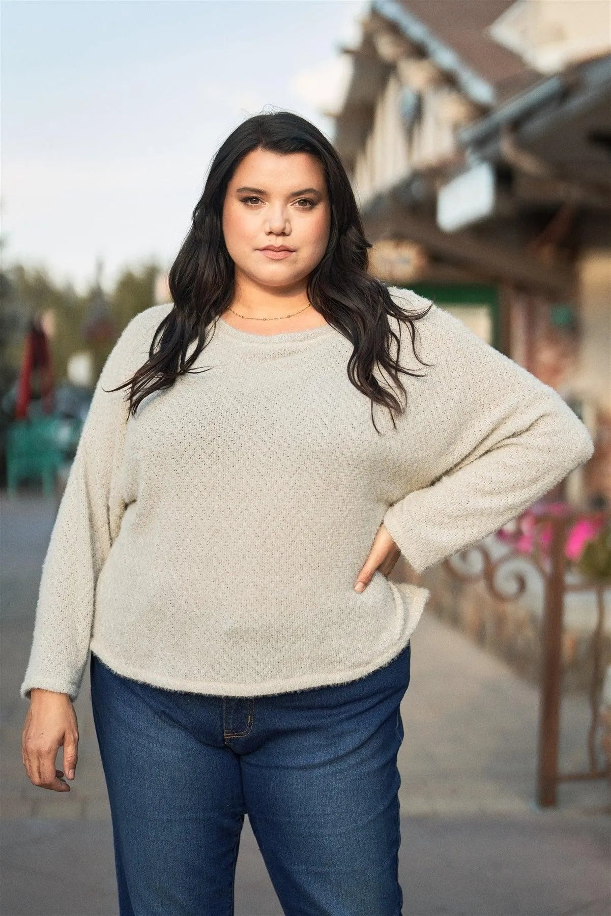 Junior Plus Size Grey Fuzzy Relaxed Fit Cozy Sweatshirt - Tasha Apparel Wholesale