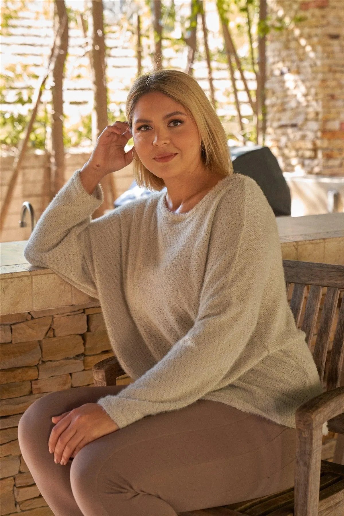Junior Plus Size Grey Fuzzy Relaxed Fit Cozy Sweatshirt - Tasha Apparel Wholesale