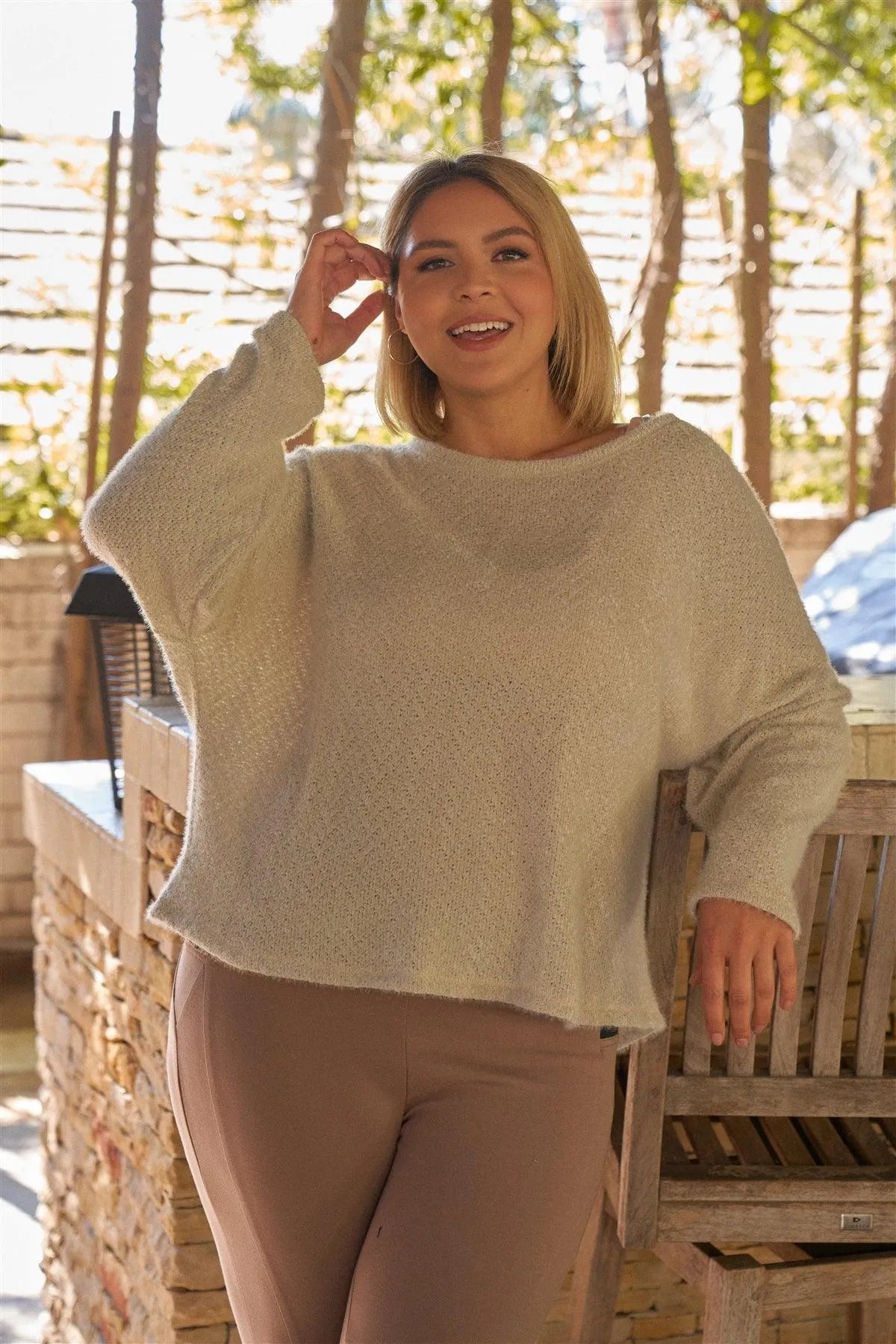 Junior Plus Size Grey Fuzzy Relaxed Fit Cozy Sweatshirt - Tasha Apparel Wholesale