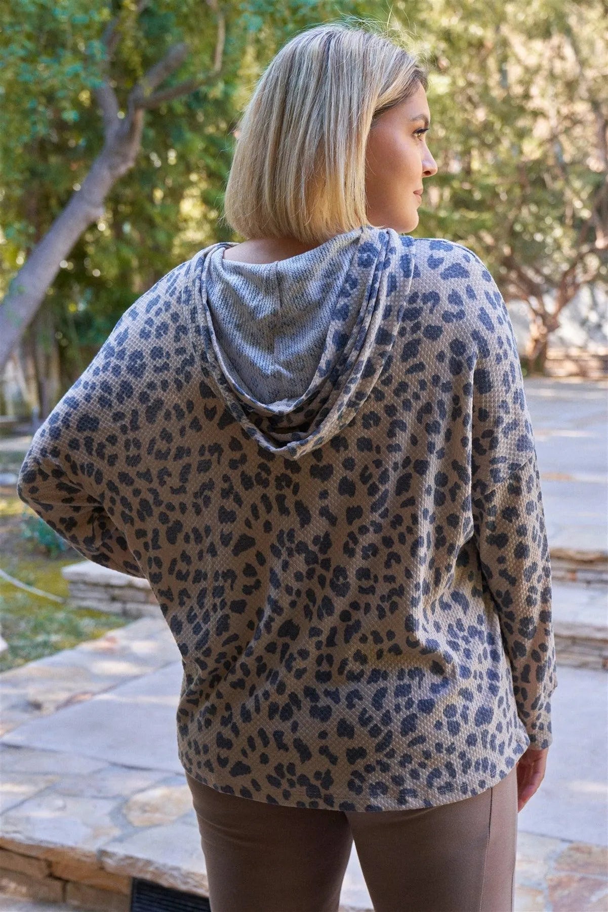 Junior Plus Taupe & Black Cheetah Hooded Knit Sweatshirt /3-2-1 - Tasha Apparel Wholesale