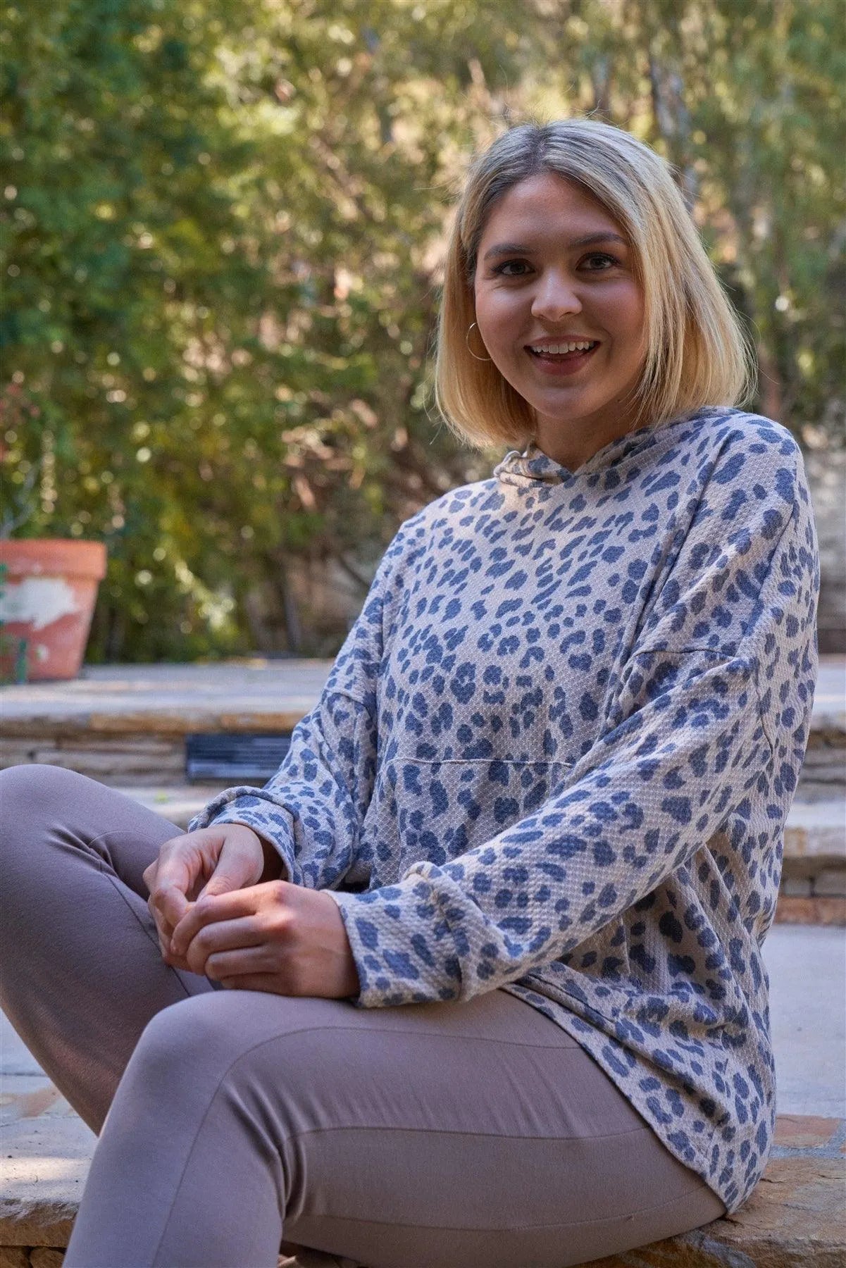 Junior Plus Taupe & Black Cheetah Hooded Knit Sweatshirt /3-2-1 - Tasha Apparel Wholesale