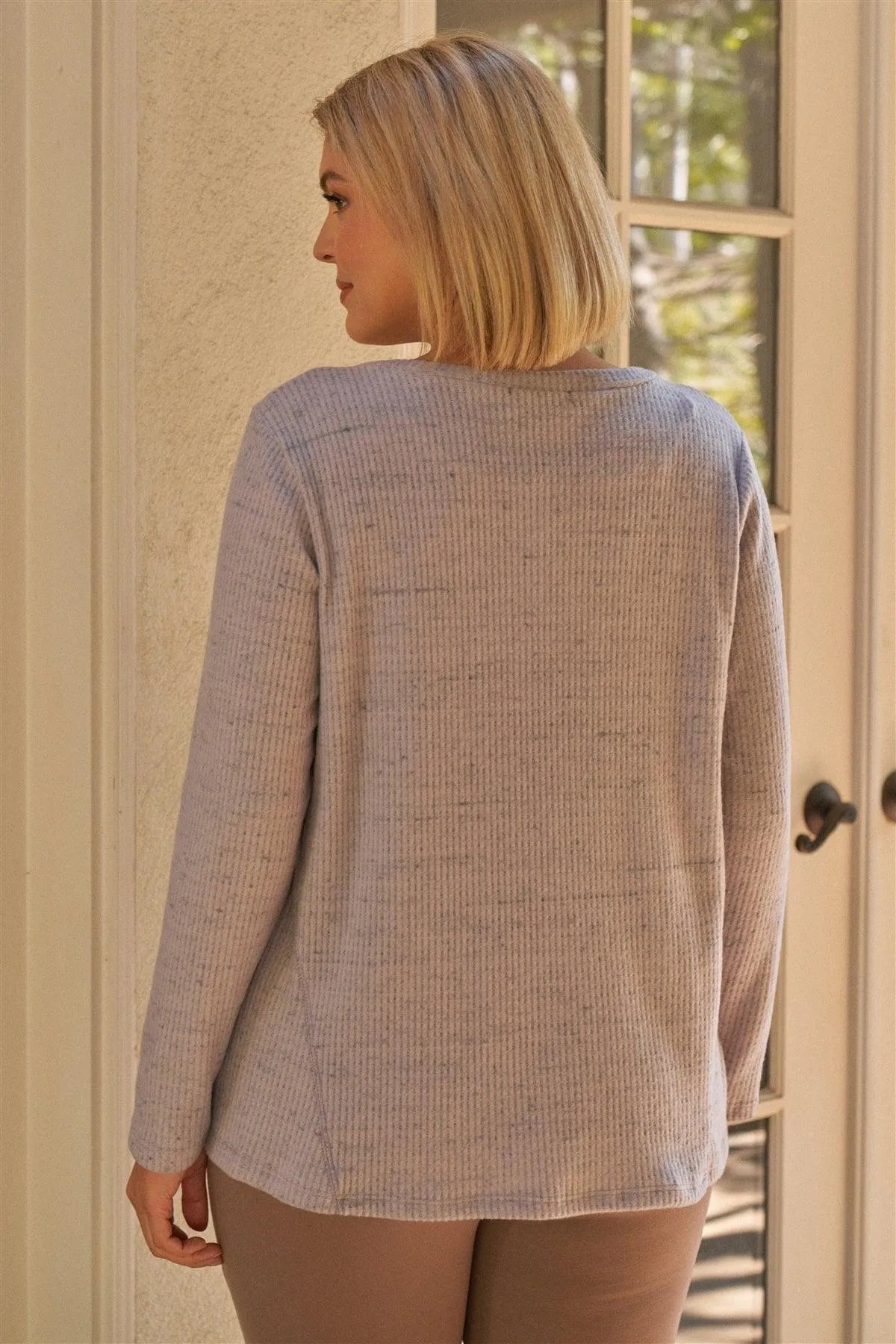 Junior Plus Lavender V-Neck With Criss-Cross Strings Long Sleeve Relaxed Fit Top /3-2 - Tasha Apparel Wholesale