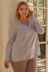 Junior Plus Lavender V-Neck With Criss-Cross Strings Long Sleeve Relaxed Fit Top /3-2-1