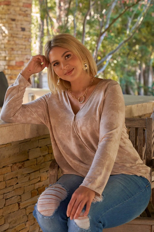 Junior Plus Taupe Tie-Dye Print V-Neck Wrap With Snap Button Long Sleeve Top /3-2-1 - Tasha Apparel Wholesale
