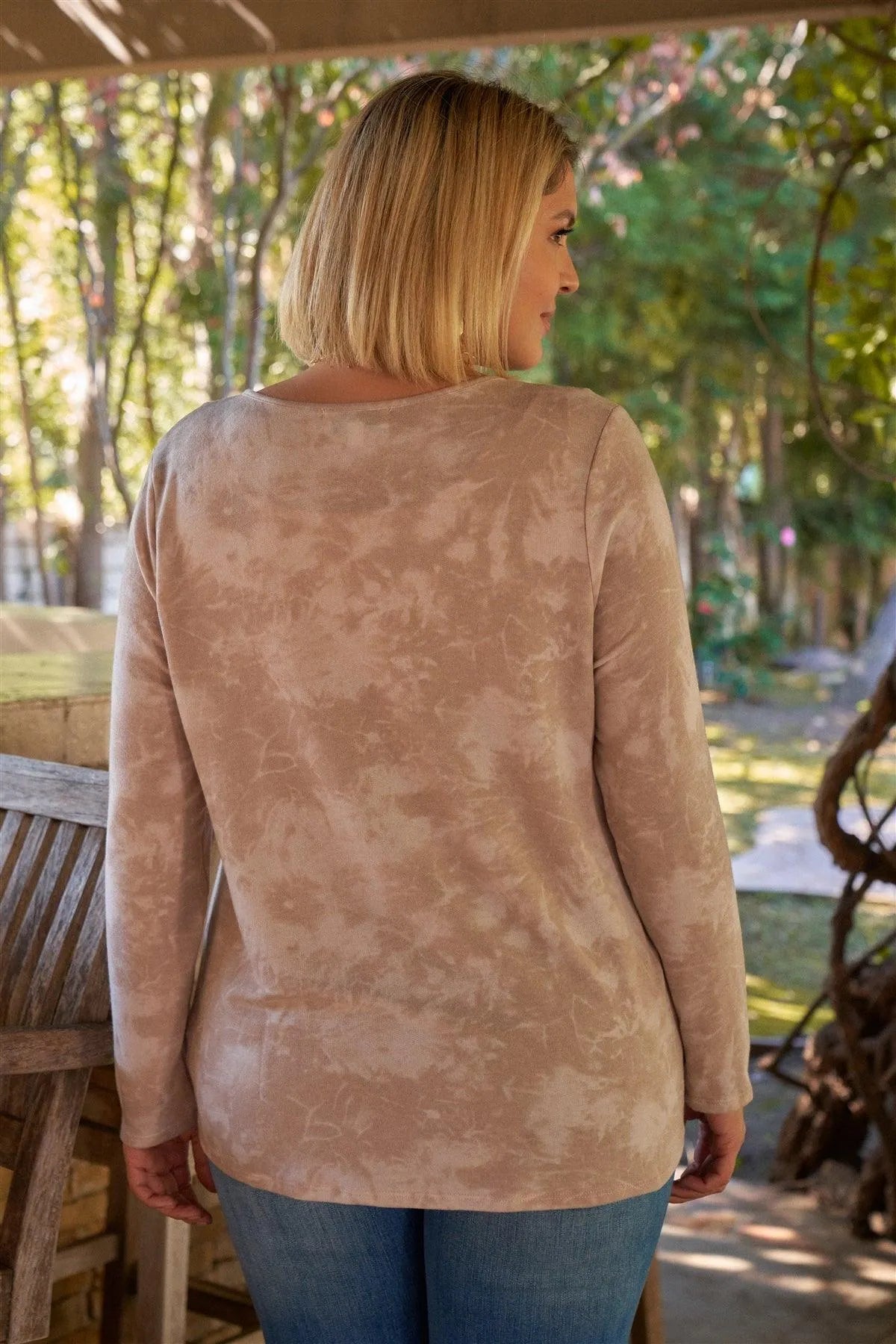 Junior Plus Taupe Tie-Dye Print V-Neck Wrap With Snap Button Long Sleeve Top /3-2-1 - Tasha Apparel Wholesale