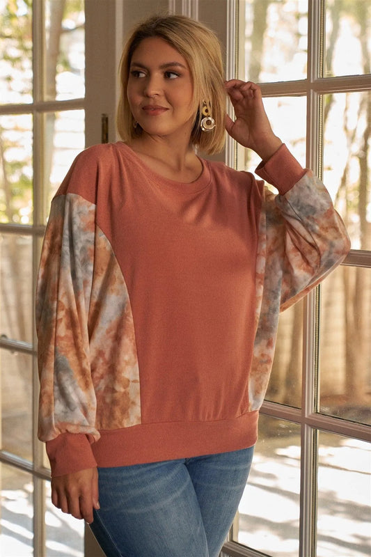 Junior Plus Size Coral Tie-Dye Long Sleeve Relaxed Round Neck Top /3-2-1 - Tasha Apparel Wholesale