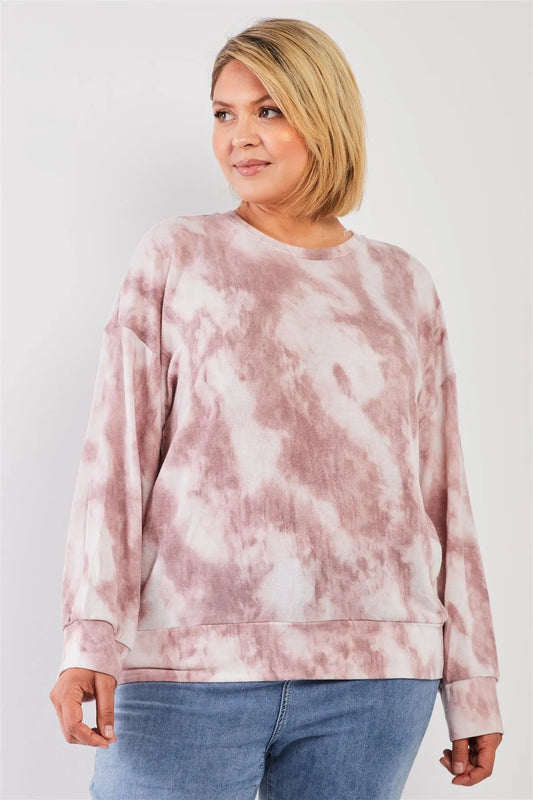 Junior Plus Mauve Tie-Dye Ruched Back Detail Long Sleeve Sweatshirt Top /3-2-1 - Tasha Apparel Wholesale