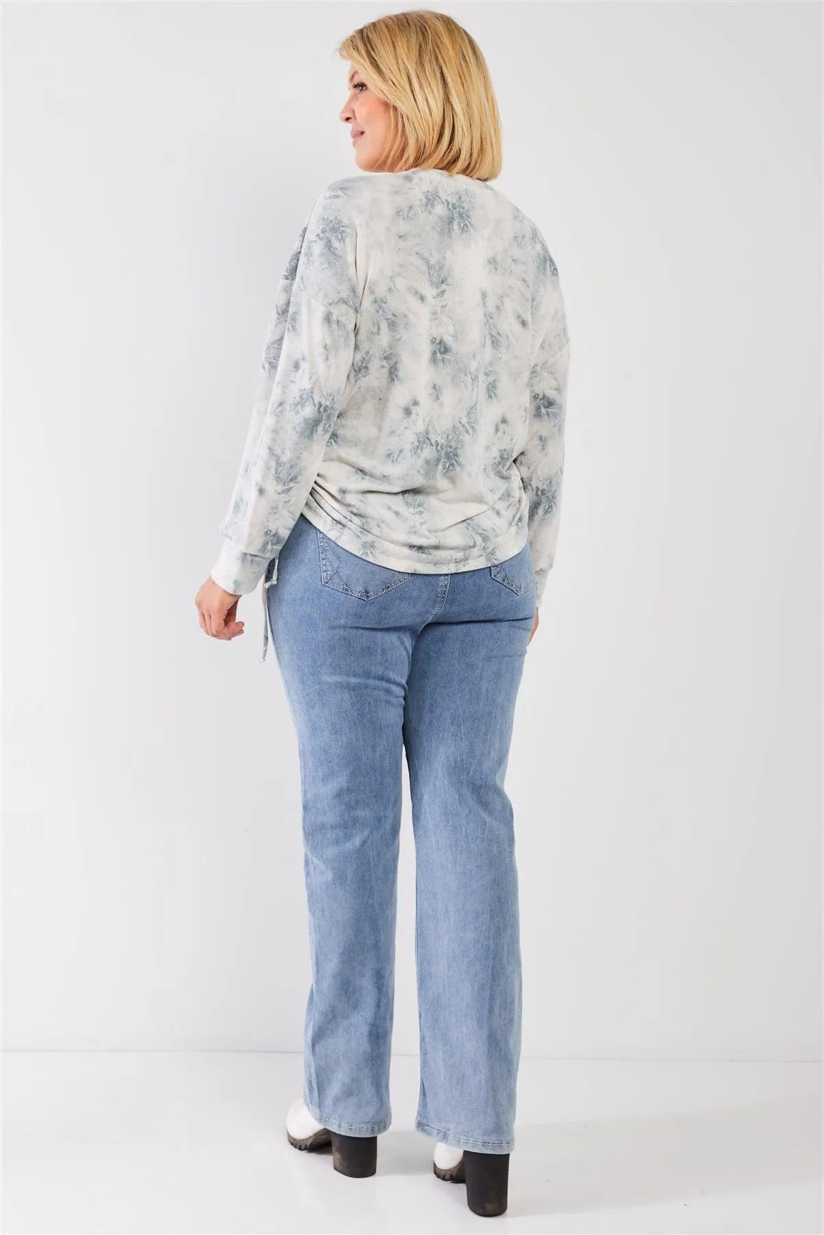 Junior Plus Sage Tie-Dye Print Ruched Side Detail Long Sleeve Relaxed Top /2-1-1 - Tasha Apparel Wholesale