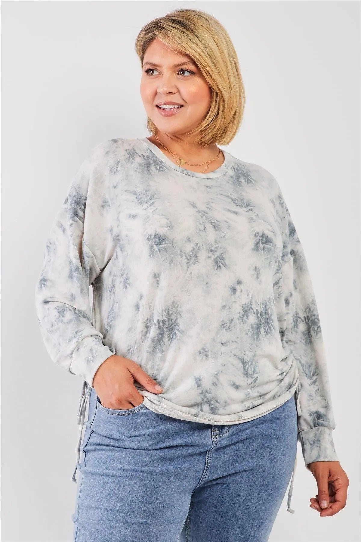 Junior Plus Sage Tie-Dye Print Ruched Side Detail Long Sleeve Relaxed Top /2-1-1 - Tasha Apparel Wholesale
