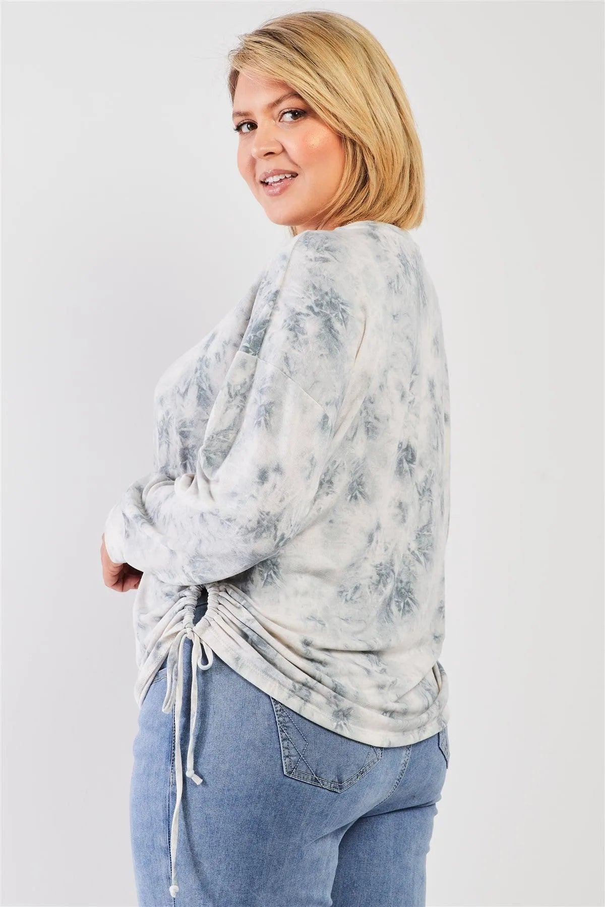Junior Plus Sage Tie-Dye Print Ruched Side Detail Long Sleeve Relaxed Top /3-2-1 - Tasha Apparel Wholesale