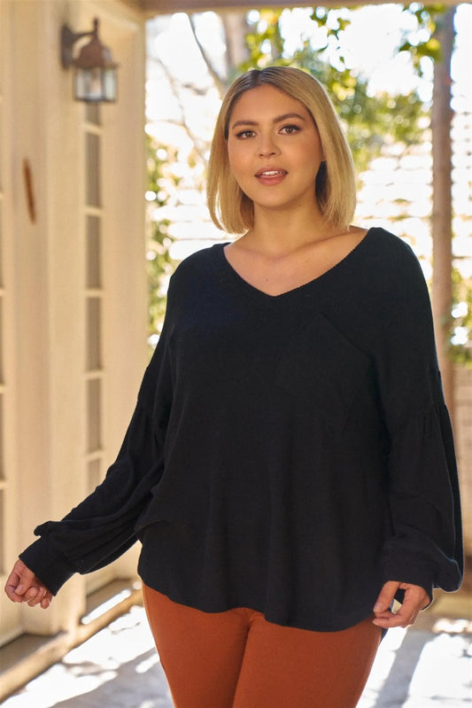 Junior Plus Black Super Soft Long Balloon Sleeve Soft V-Neck Front Pocket Loose Fit Top /3-2-1 - Tasha Apparel Wholesale