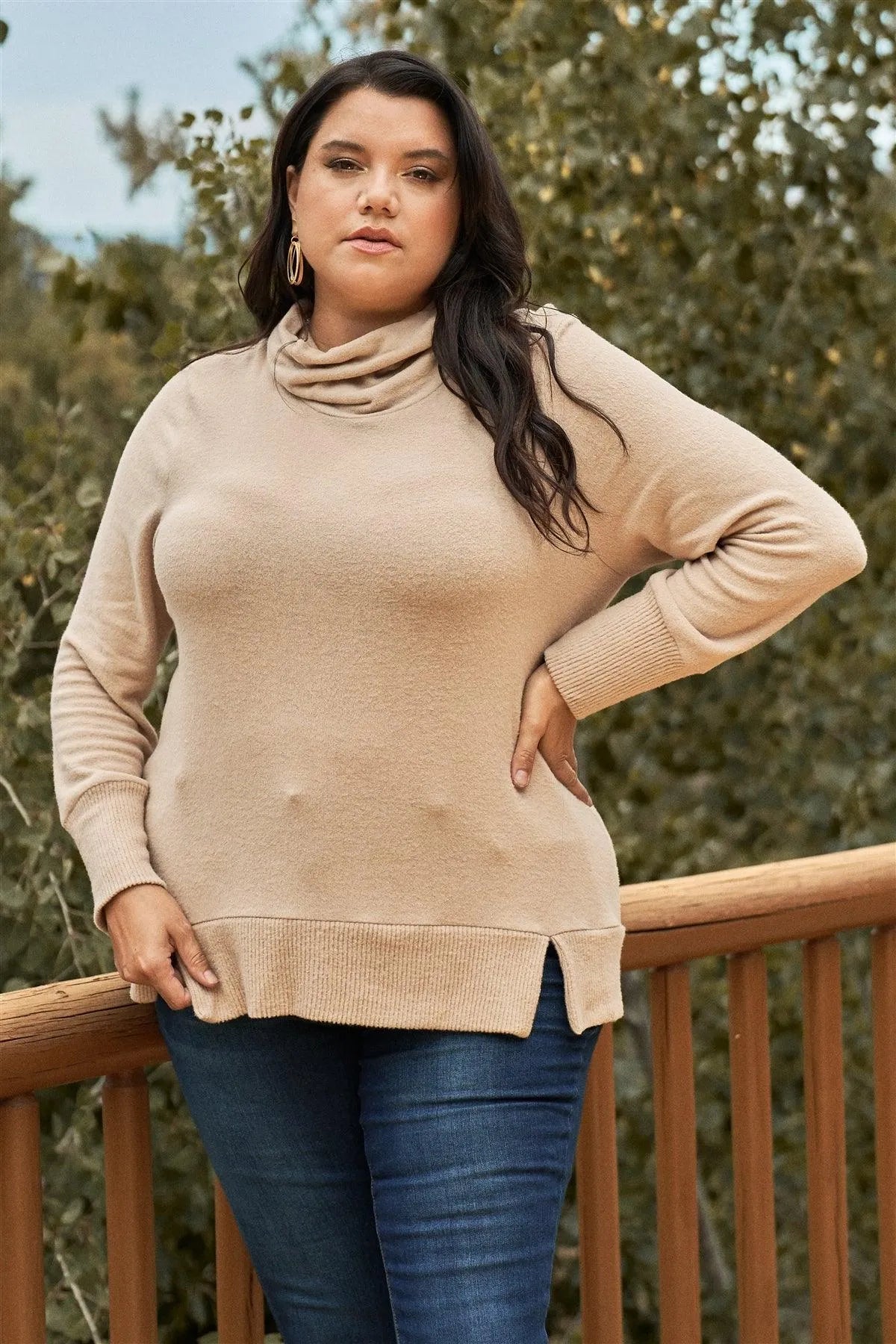 Junior Plus Khaki High Cowl Neck Long Sleeve Rib Hem Sweater Top /3-2-1 - Tasha Apparel Wholesale