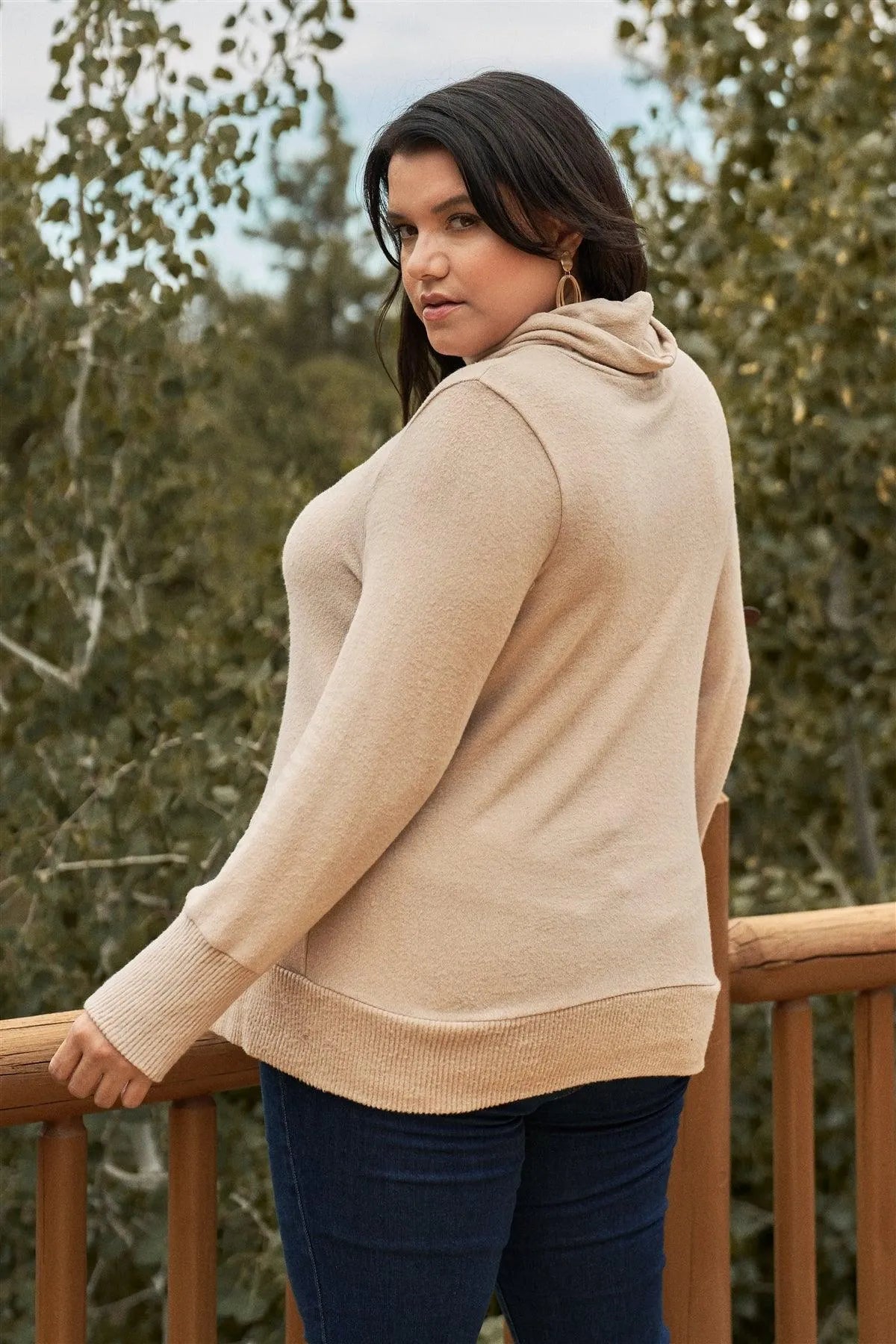 Junior Plus Khaki High Cowl Neck Long Sleeve Rib Hem Sweater Top /3-2-1 - Tasha Apparel Wholesale