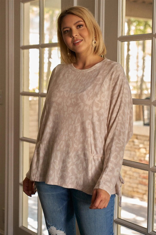 Junior Plus Size Mauve & Ivory Animal Print Gathered Sides Detail Long Sleeve Top /3-2 - Tasha Apparel Wholesale