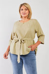 Junior Plus Olive Sage Round Neck Midi Sleeve Self-Tie Belt Detail Loose Fit Top /3-2-1 - Tasha Apparel Wholesale