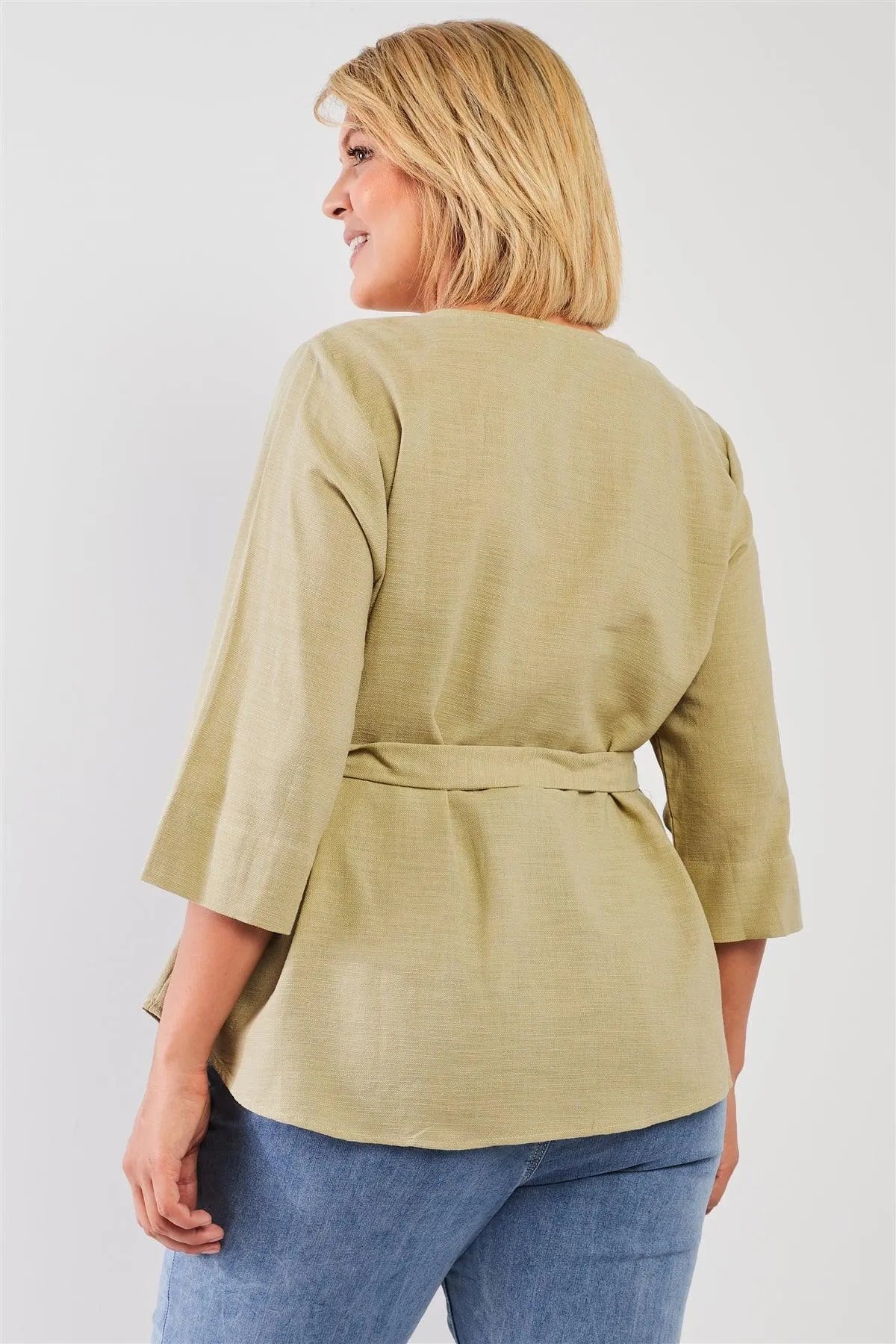 Junior Plus Olive Sage Round Neck Midi Sleeve Self-Tie Belt Detail Loose Fit Top /3-2-1 - Tasha Apparel Wholesale