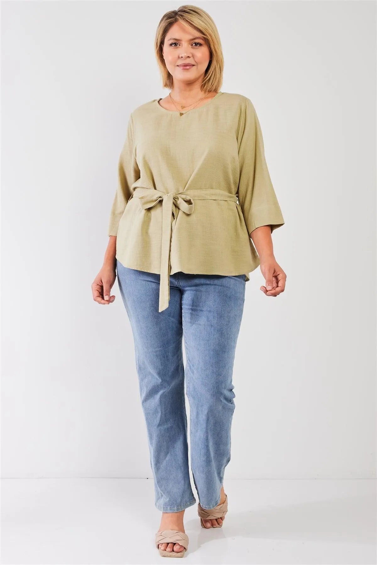Junior Plus Olive Sage Round Neck Midi Sleeve Self-Tie Belt Detail Loose Fit Top /3-2-1 - Tasha Apparel Wholesale