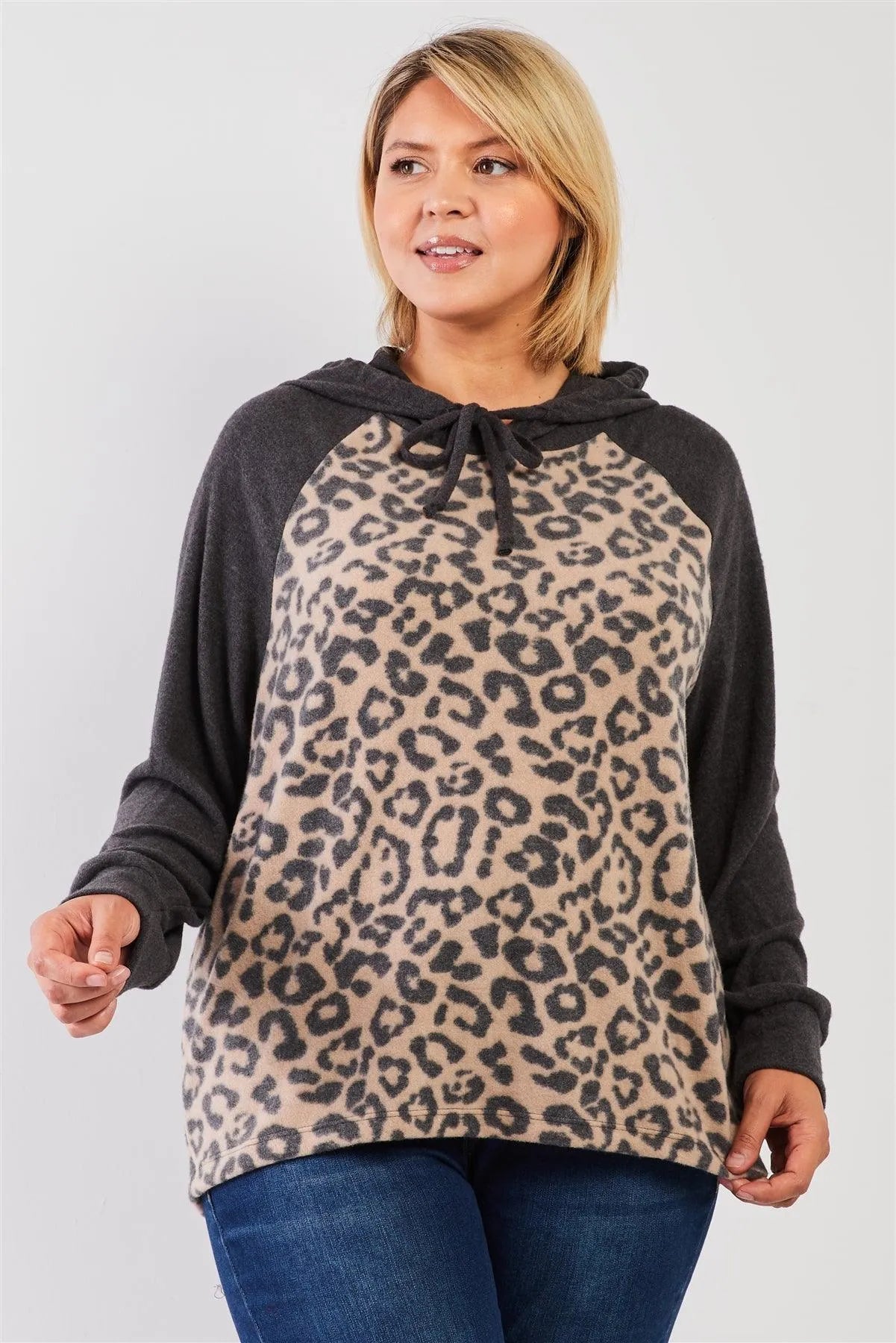 Junior Plus Sand-Charcoal Leopard Print Polyester Fleece Long Sleeve Hooded Top /3-2-1 - Tasha Apparel Wholesale