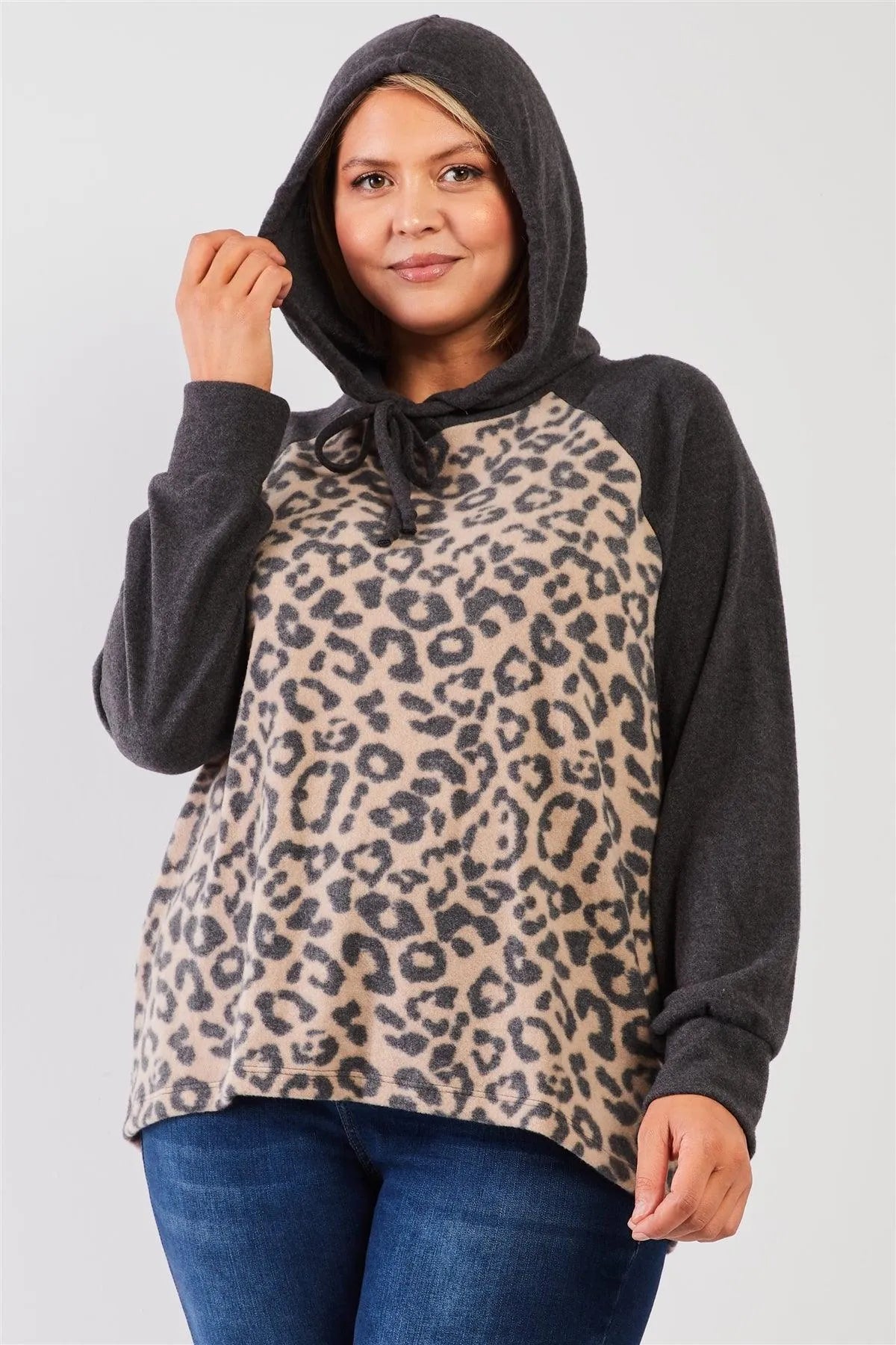 Junior Plus Sand-Charcoal Leopard Print Polyester Fleece Long Sleeve Hooded Top /3-2-1 - Tasha Apparel Wholesale