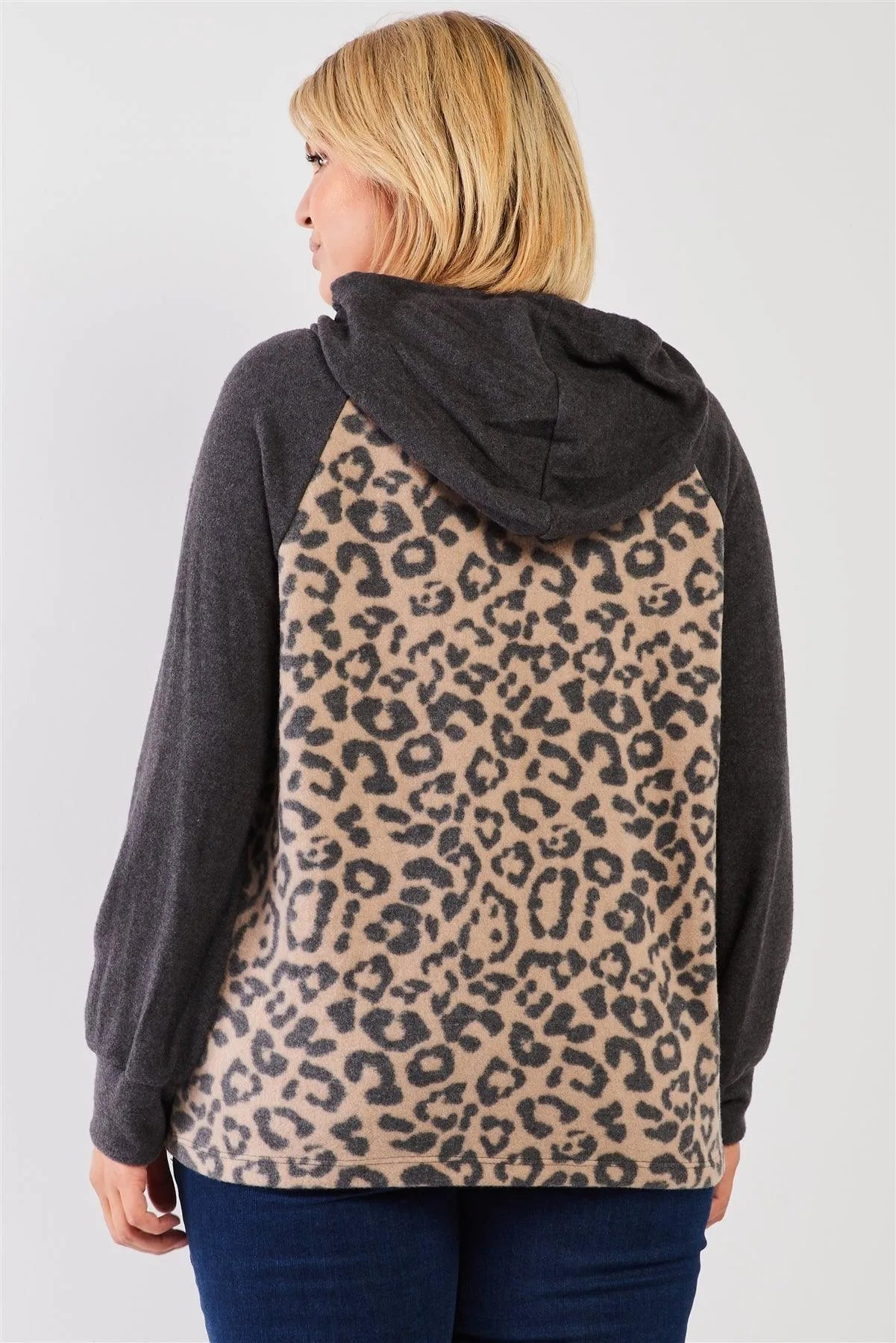 Junior Plus Sand-Charcoal Leopard Print Polyester Fleece Long Sleeve Hooded Top /3-2-1 - Tasha Apparel Wholesale