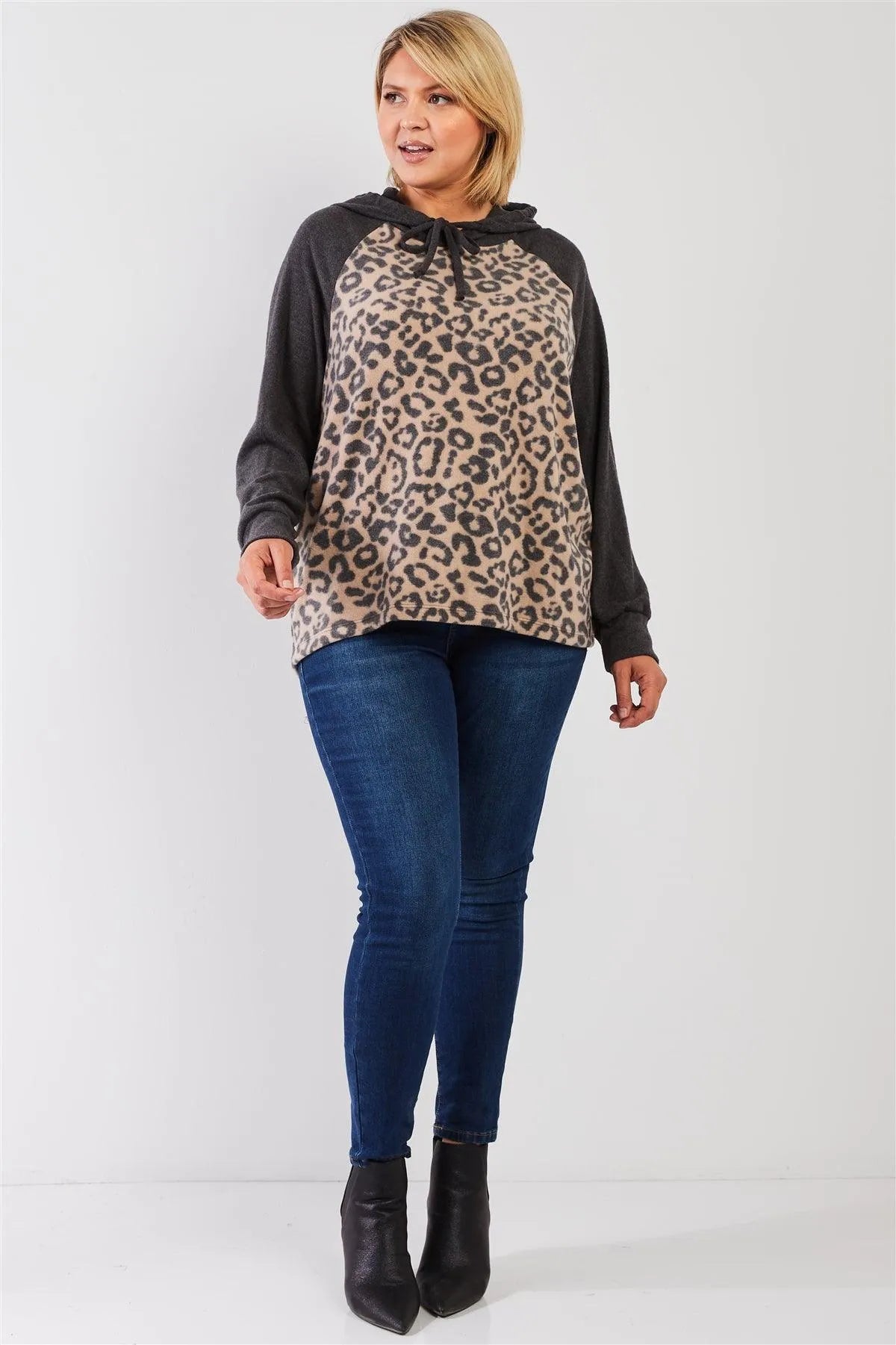 Junior Plus Sand-Charcoal Leopard Print Polyester Fleece Long Sleeve Hooded Top /3-2-1 - Tasha Apparel Wholesale