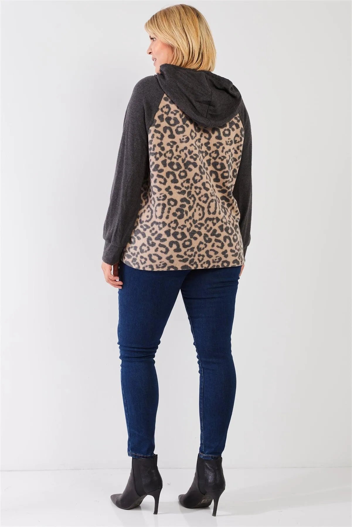 Junior Plus Sand-Charcoal Leopard Print Polyester Fleece Long Sleeve Hooded Top /3-2-1 - Tasha Apparel Wholesale