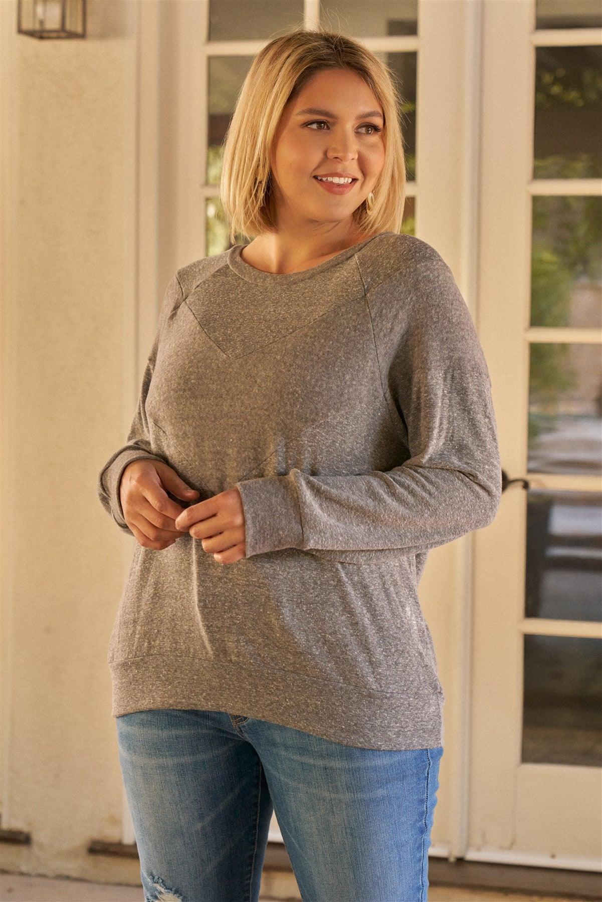Junior Plus Heather Grey Round Neck Long Sleeve Geometric Stitch Detail Relaxed Fit Sweatshirt /3-2