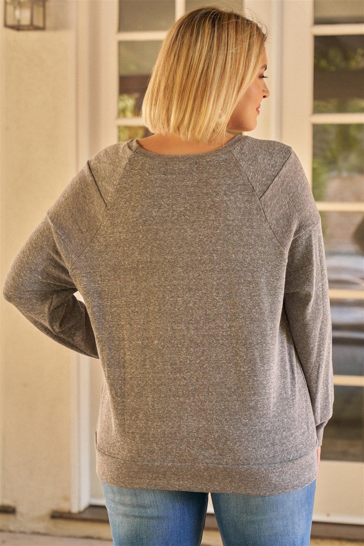 Junior Plus Heather Grey Round Neck Long Sleeve Geometric Stitch Detail Relaxed Fit Sweatshirt /3-2