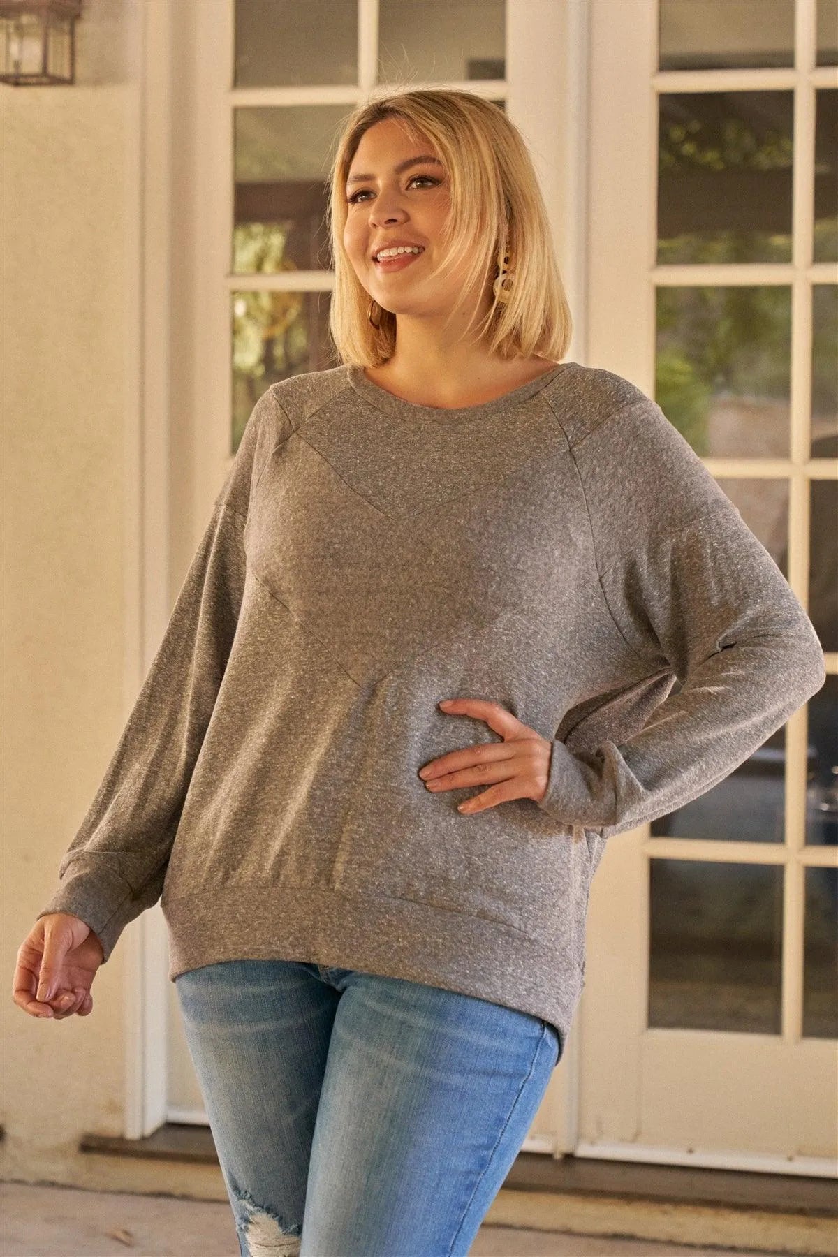Plus Size Grey Round Neck Relaxed Fit Sweatshirt /3-2 - Tasha Apparel Wholesale