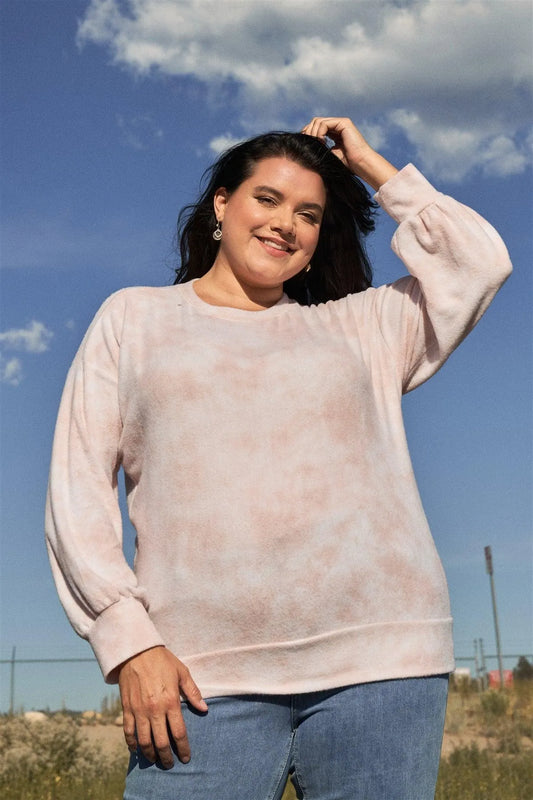 Junior Plus Size Baby Pink Tie-Dye Long Sleeve Super Soft Sweatshirt /3-2-1 - Tasha Apparel Wholesale