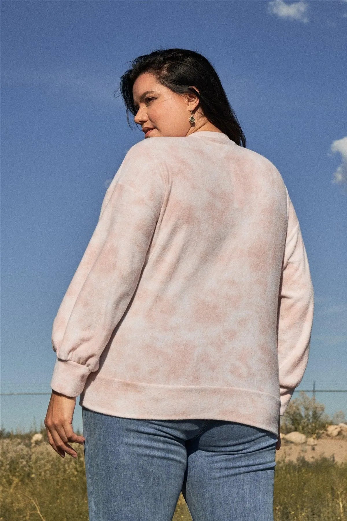 Junior Plus Size Baby Pink Tie-Dye Long Sleeve Super Soft Sweatshirt /3-2-1 - Tasha Apparel Wholesale