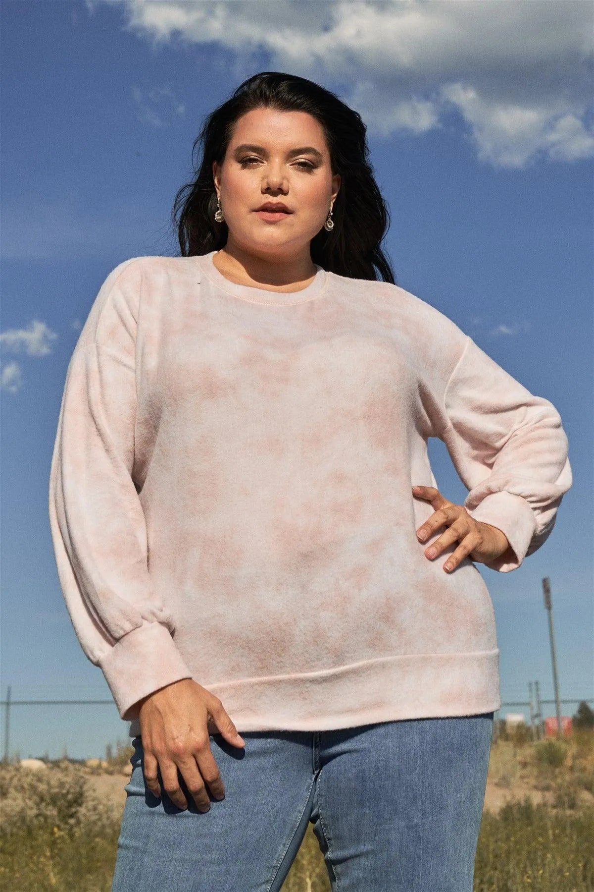 Junior Plus Size Baby Pink Tie-Dye Long Sleeve Super Soft Sweatshirt /3-2-1 - Tasha Apparel Wholesale