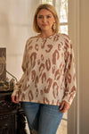 Junior Plus Ivory & Taupe Leopard Print Round Neck Long Sleeve Super Soft Sweatshirt /3-2-1 - Tasha Apparel Wholesale