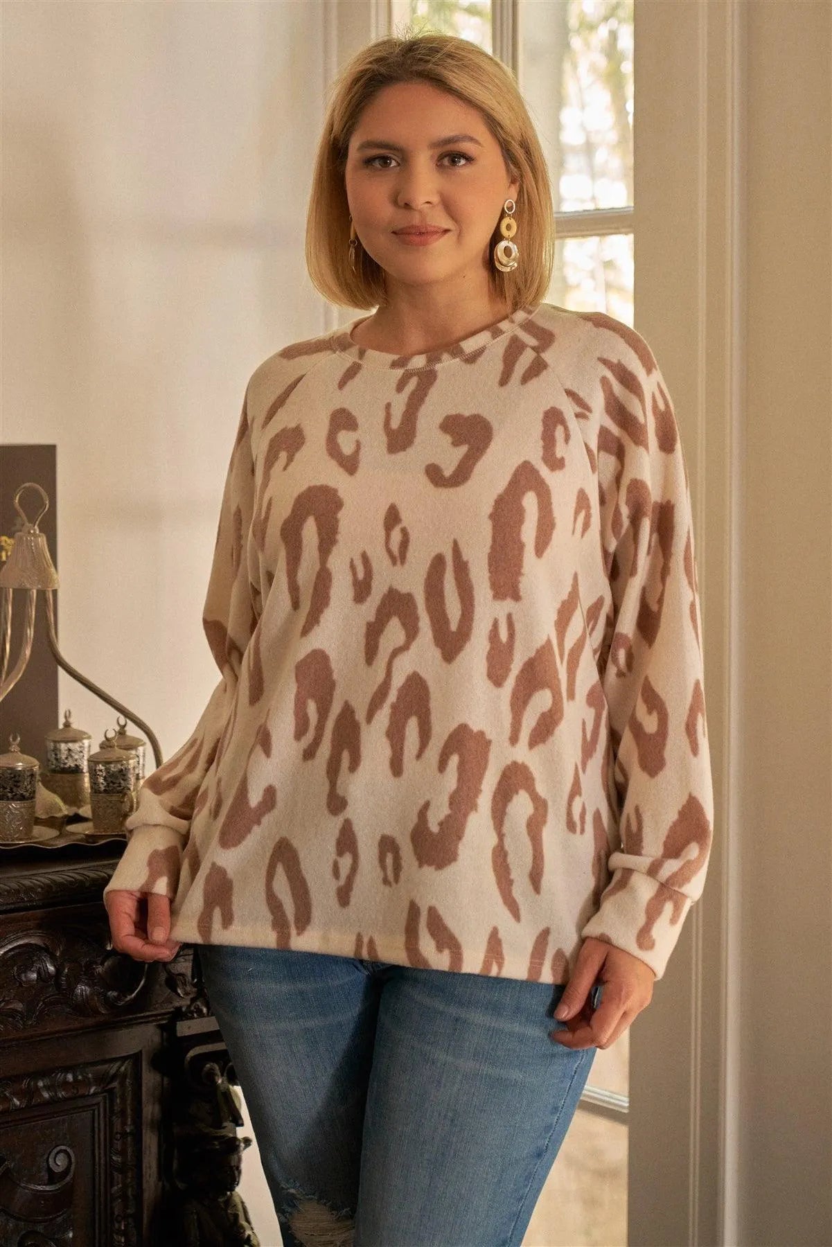 Junior Plus Ivory & Taupe Leopard Print Round Neck Long Sleeve Super Soft Sweatshirt /3-2-1 - Tasha Apparel Wholesale