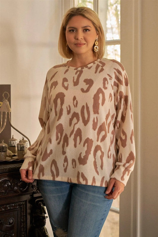 Junior Plus Ivory & Taupe Leopard Print Round Neck Long Sleeve Super Soft Sweatshirt /3-2-1 - Tasha Apparel Wholesale
