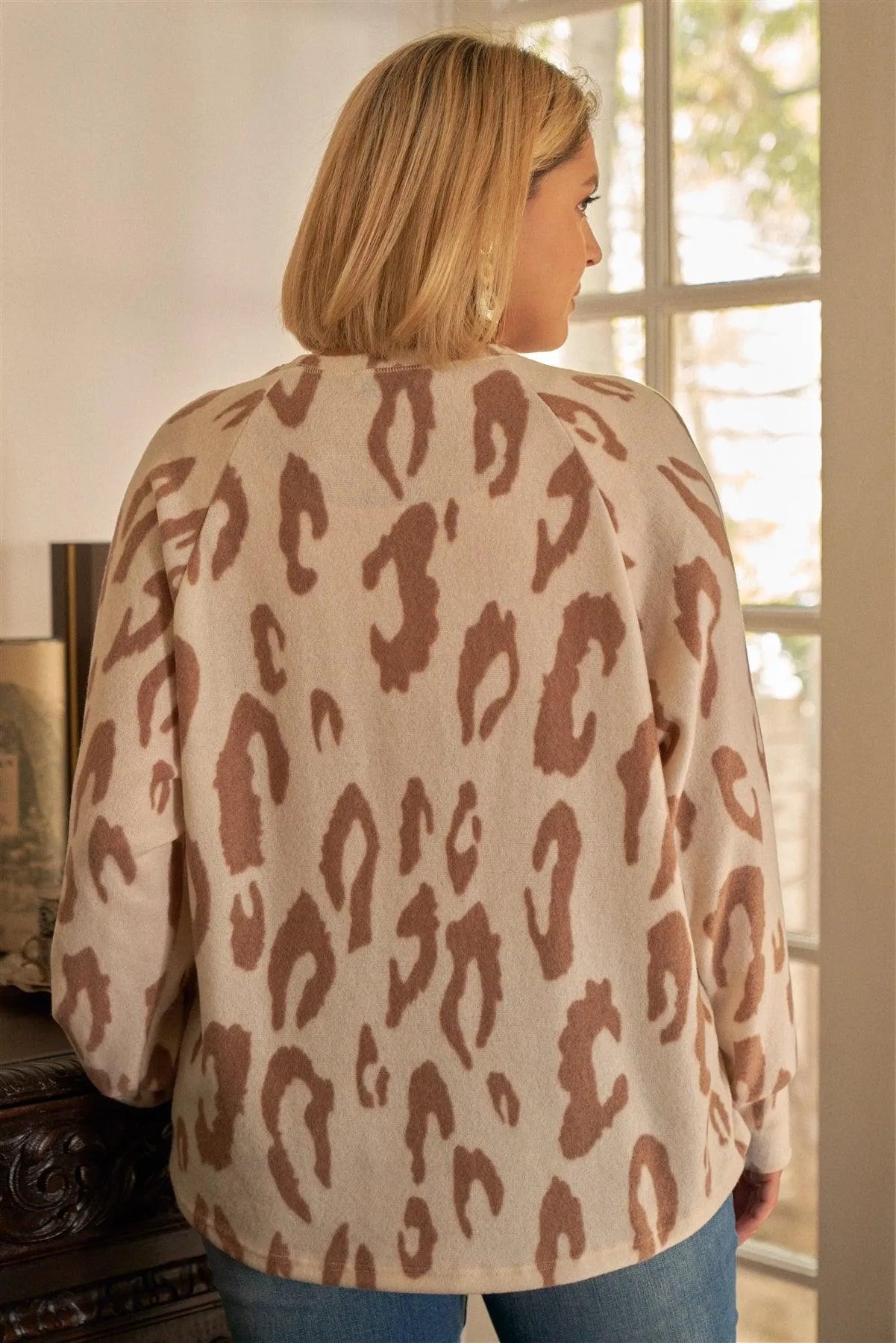 Junior Plus Ivory & Taupe Leopard Print Round Neck Long Sleeve Super Soft Sweatshirt /3-2-1 - Tasha Apparel Wholesale