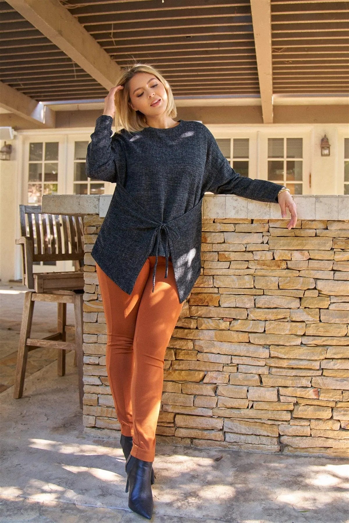 Plus Size Textured Knit Front-Tie Asymmetrical Top /3-2-1 - Tasha Apparel Wholesale