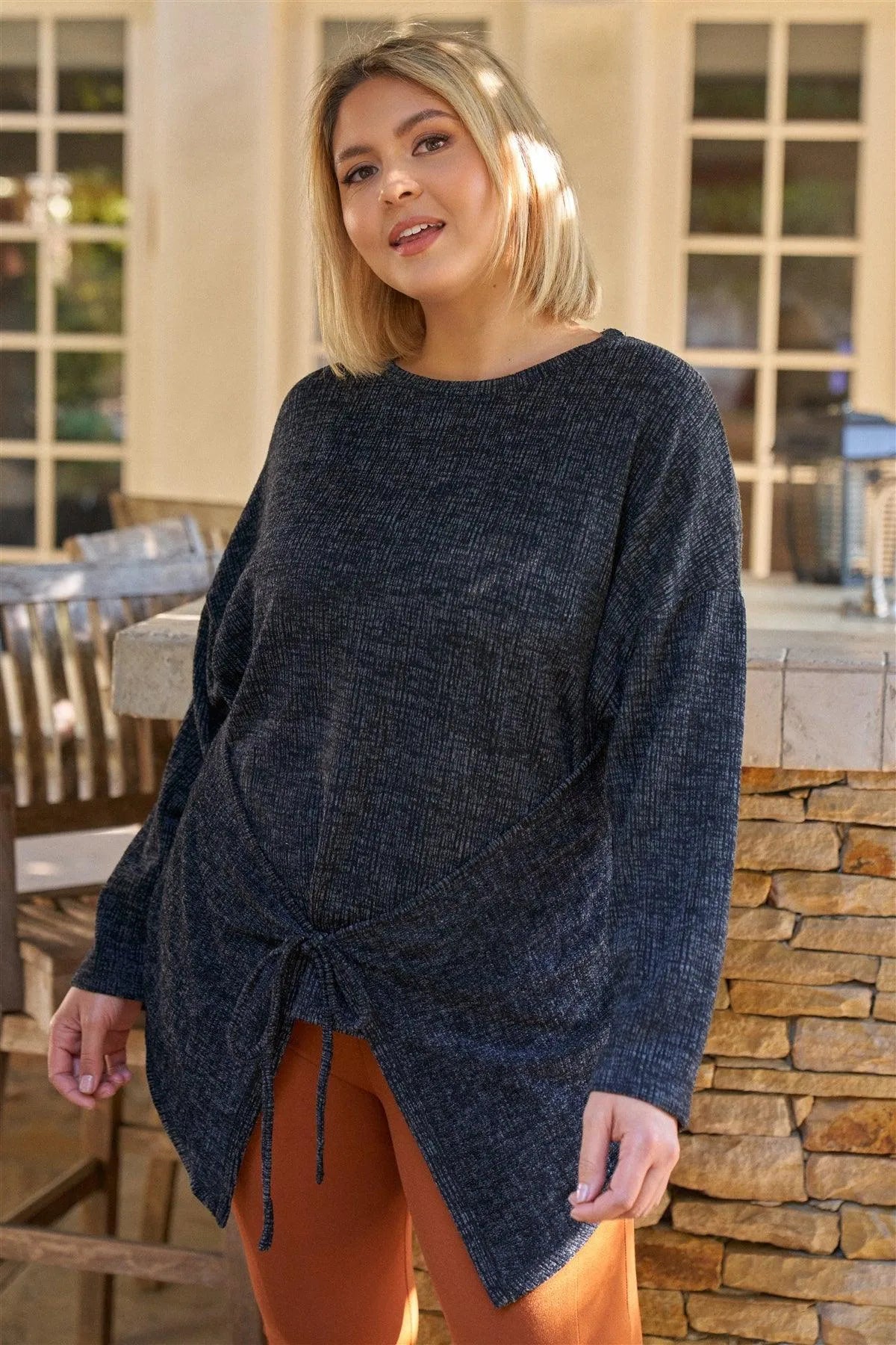 Plus Size Textured Knit Front-Tie Asymmetrical Top /3-2-1 - Tasha Apparel Wholesale