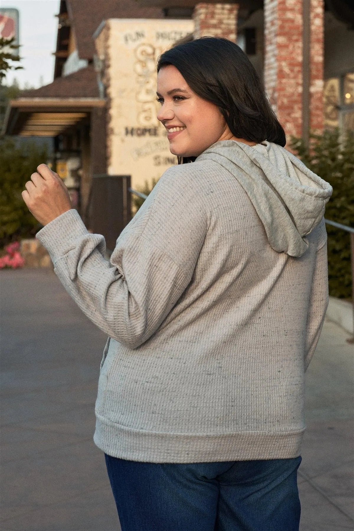 Junior Plus Grey-Lavender Long Sleeve Front Pocket Hoodie Top /3-2-1 - Tasha Apparel Wholesale