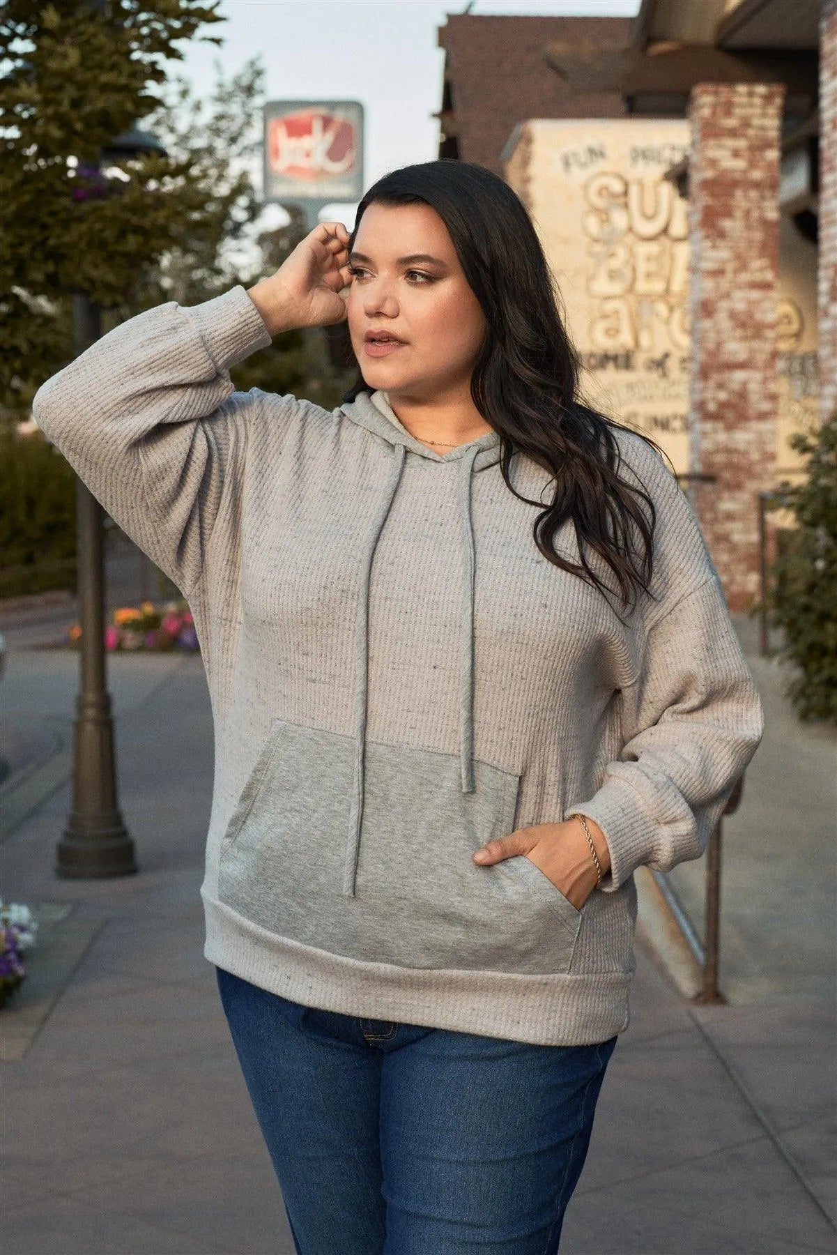 Junior Plus Grey-Lavender Long Sleeve Front Pocket Hoodie Top /3-2-1 - Tasha Apparel Wholesale