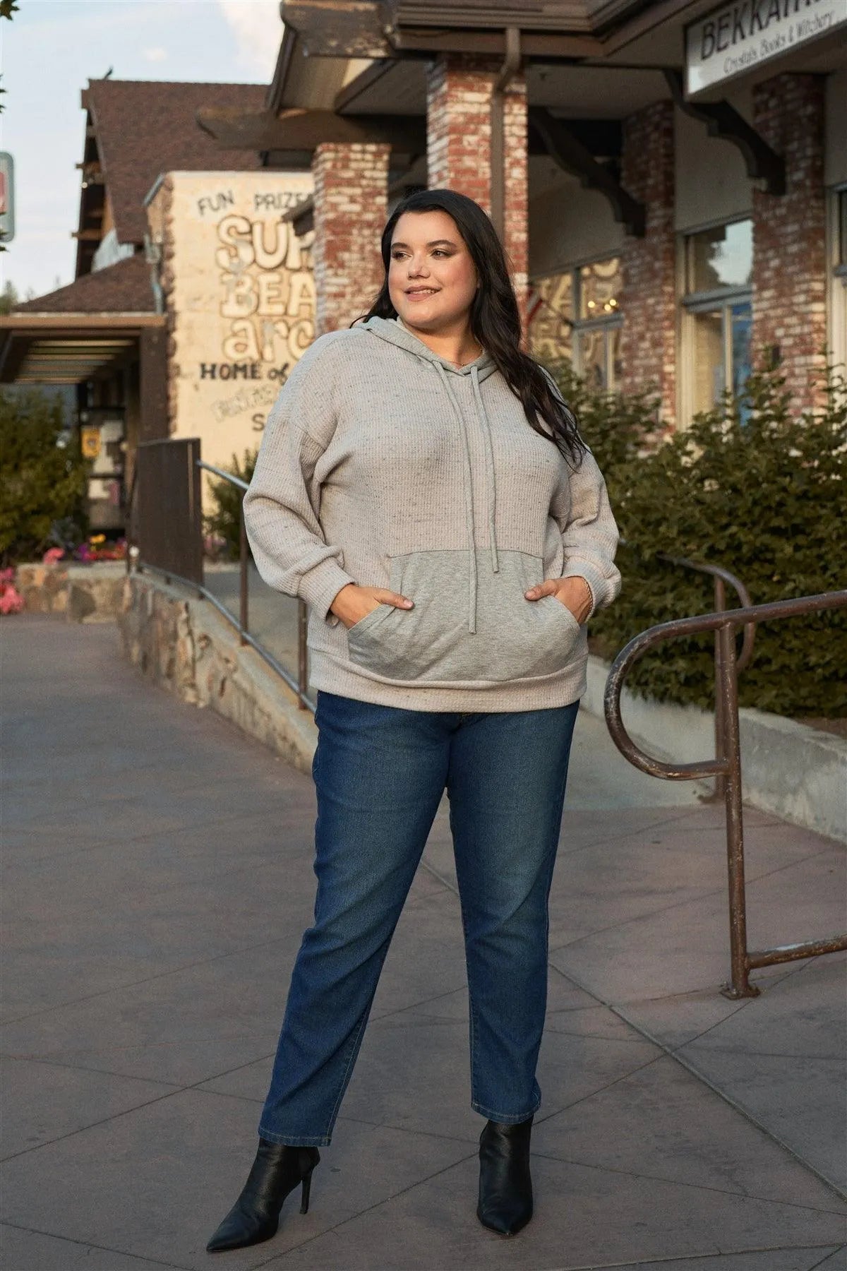 Junior Plus Grey-Lavender Long Sleeve Front Pocket Hoodie Top /3-2-1 - Tasha Apparel Wholesale
